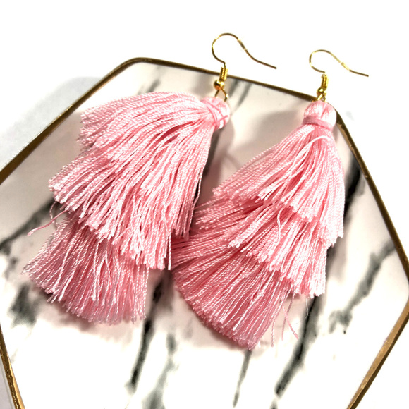 BubbleGum Pink Tassel FringeStatement Earrings - Picture 5 of 5